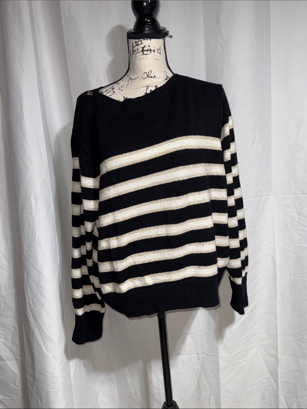 Draper James Black & Cream Striped Crewneck Sweater